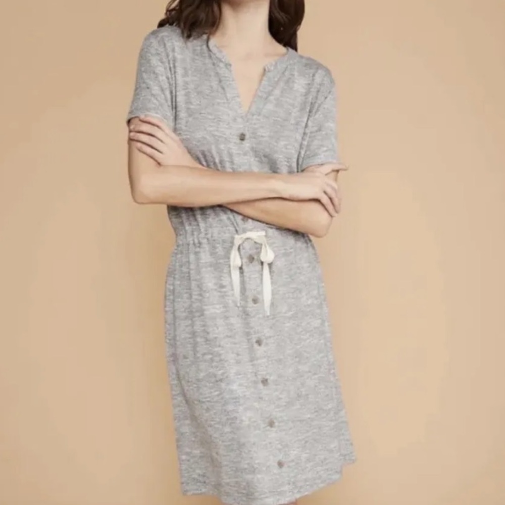 Lou & Grey Brushmarl Dress Gray Button Down Short Sleeve Soft Shirtdress